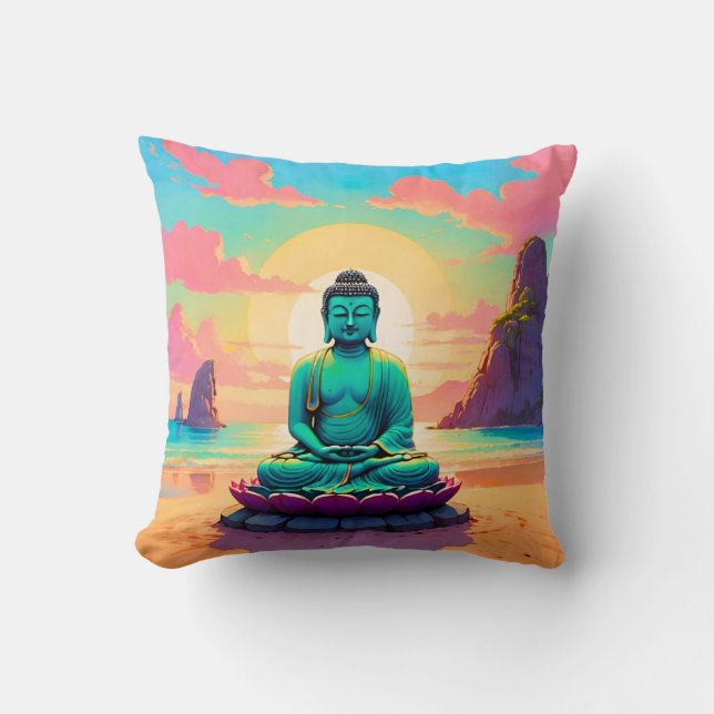 Buddha’s Sunset Reflection Throw Pillow (Front)