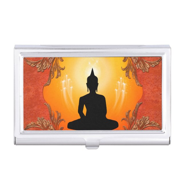 Buddha silhouette with glowing light business card case (Front)