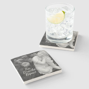 Buddha Sip Breathe Repeat Black White Zen Mantra Stone Coaster