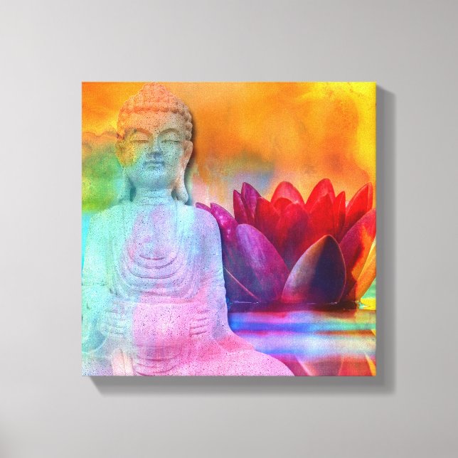 Buddha Statue & Lotus in Water Canvas Print (Front)