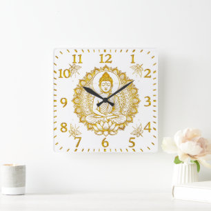 Buddha Statue With Lotus  Square Wall Clock
