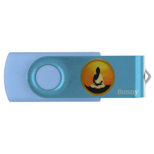 Buddha, sunrise & calligraphy on light blue flash drive