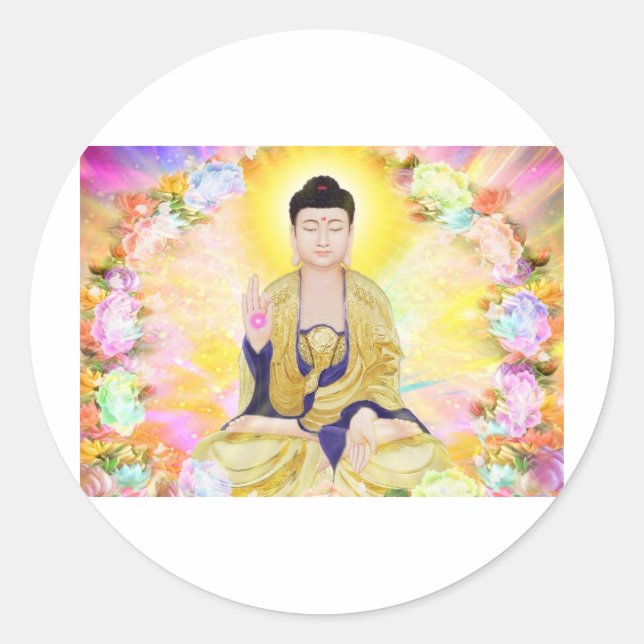 Buddha Surrounded by Flowers Classic Round Sticker (Front)