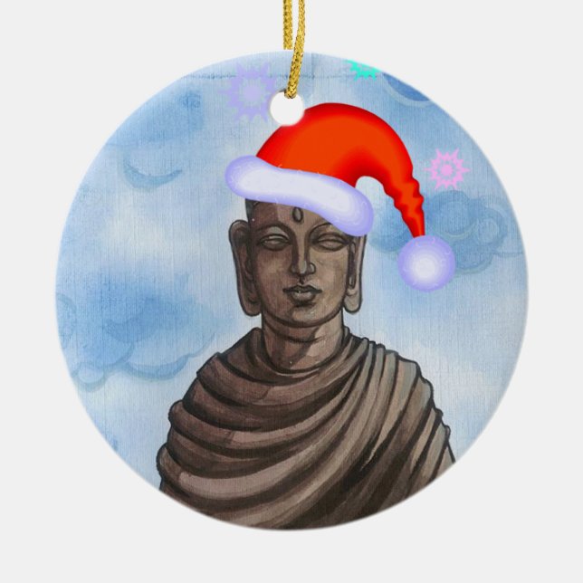 Buddha with Santa hat II Ceramic Ornament (Front)