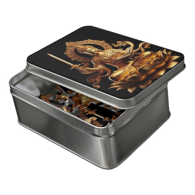 Buddha with sword and scripture at dusk jigsaw puzzle (Lid Open)