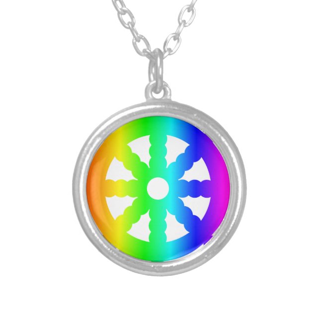 Buddhism (Wheel Of Dharma) Symbol Silver Plated Necklace (Front)