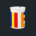 Buddhist Flag Drink Pitcher<br><div class="desc">The Buddhist flag is a flag designed in the late 19th century to symbolise and universally represent Buddhism. It is used by Buddhists throughout the world. The six vertical bands of the flag represent the six colors of the aura which Buddhists believe emanated from the body of the Buddha when...</div>