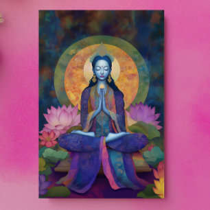 Buddhist Goddess Blue Tara Floral Rainbow Painting Postcard