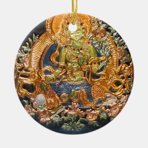 BUDDHIST GODDESS GREEN TARA METALLIC INLAY CERAMIC ORNAMENT