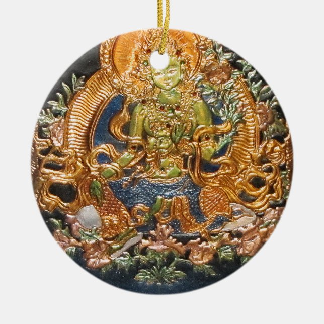 BUDDHIST GODDESS GREEN TARA METALLIC INLAY CERAMIC ORNAMENT (Front)