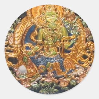 BUDDHIST GODDESS GREEN TARA METALLIC INLAY CLASSIC ROUND STICKER