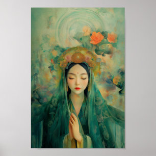 Buddhist Goddess Quan Yin Green Floral Painting Poster