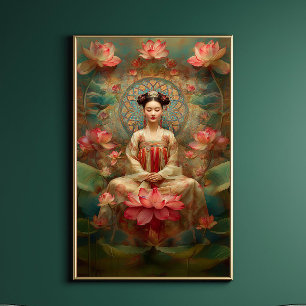 Buddhist Goddess Quan Yin Pink Lotus Painting Art Poster