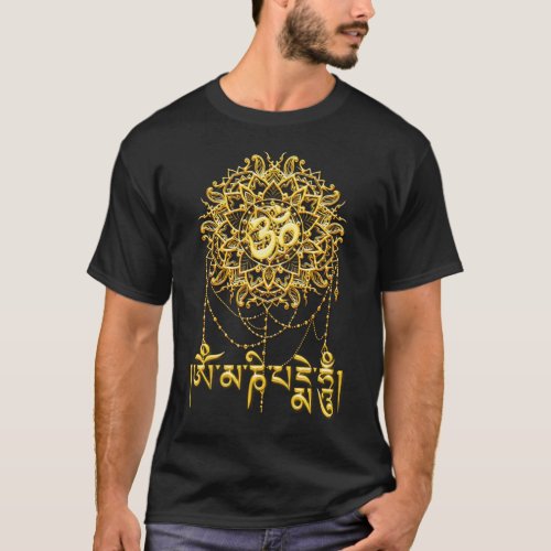 Buddhist Mani mantra in gold with mandala T_Shirt