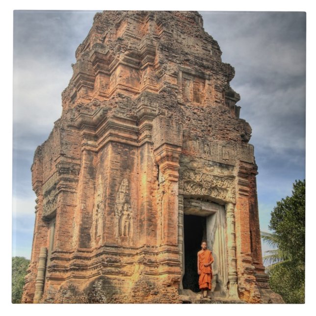 Buddhist monk standing in doorway of temple tile (Front)