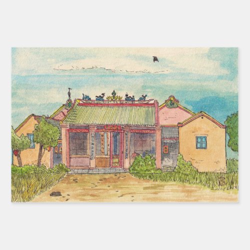 Buddhist Temple Phan Thiet Vietnam Watercolor Wrapping Paper Sheets