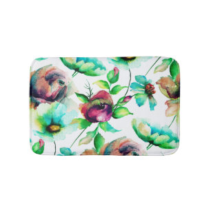 Budding Colorful Watercolors Floral Pattern Bath Mat