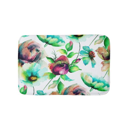 Budding Colorful Watercolors Floral Pattern Bath Mat