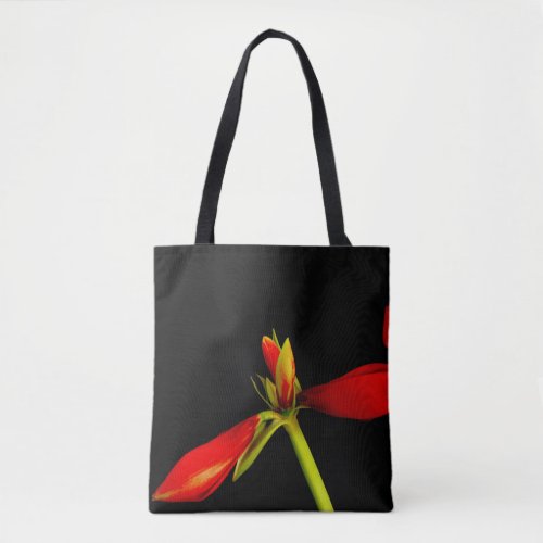 Budding Red Amaryllis on Black Large Tote Bag