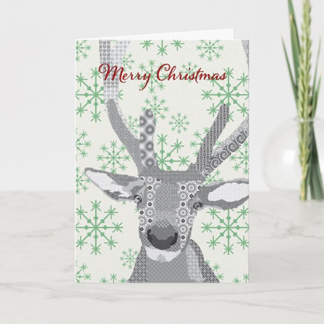 Buddy Elk Green Snowflakes Christmas Card (Front)