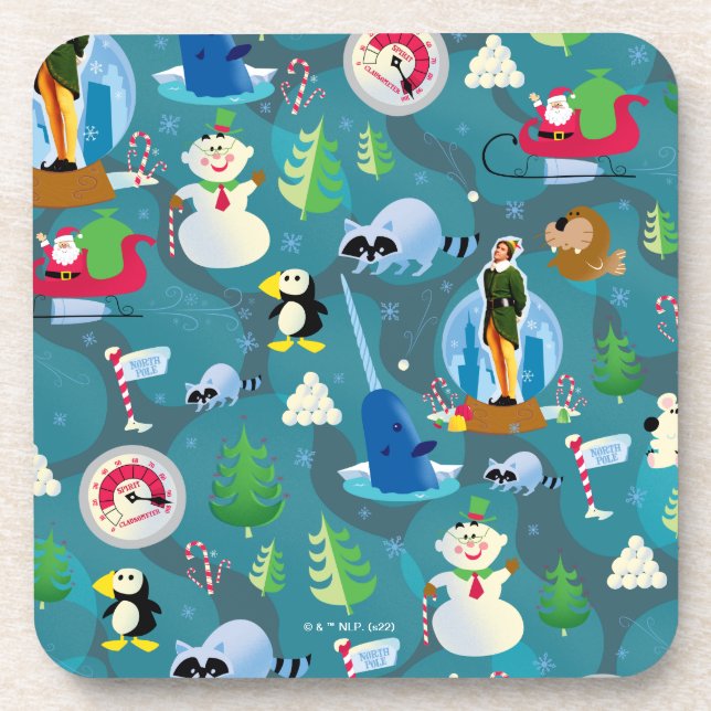 Buddy the Elf and Characters Teal Pattern Beverage Coaster (Front)