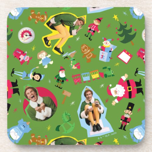 Buddy the Elf and Christmas Icons Pattern Beverage Coaster