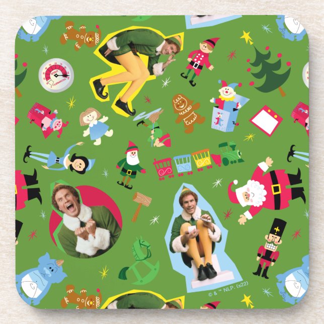 Buddy the Elf and Christmas Icons Pattern Beverage Coaster (Front)
