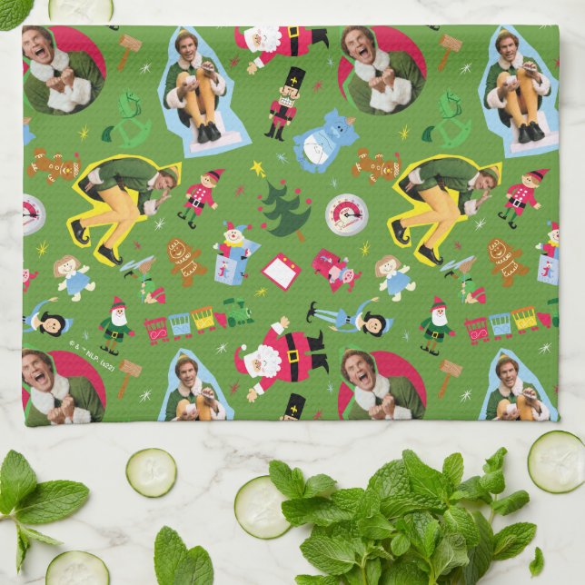 Buddy the Elf and Christmas Icons Pattern Kitchen Towel (Folded)