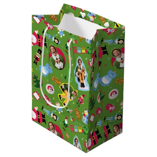 Buddy the Elf and Christmas Icons Pattern Medium Gift Bag (Front Angled)