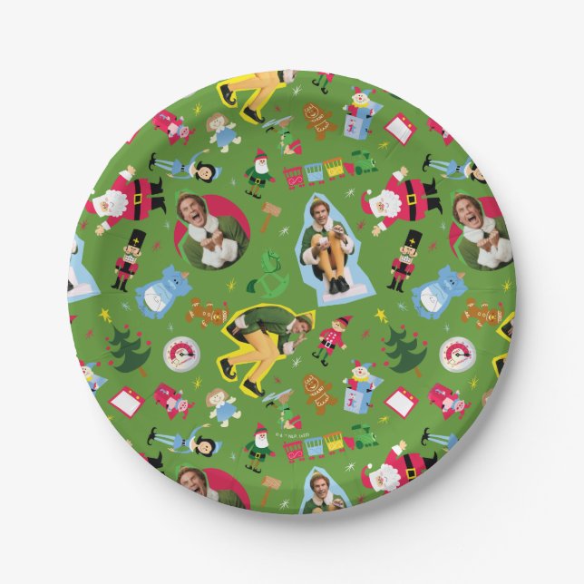Buddy the Elf and Christmas Icons Pattern Paper Plates (Front)