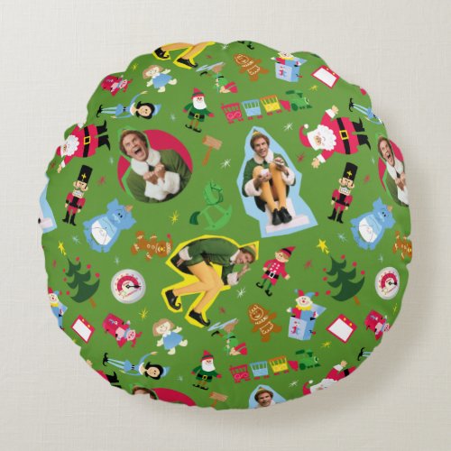 Buddy the Elf and Christmas Icons Pattern Round Pillow
