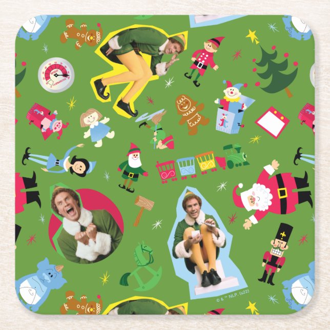Buddy the Elf and Christmas Icons Pattern Square Paper Coaster (Front)