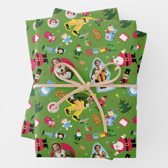 Buddy the Elf and Christmas Icons Pattern Wrapping Paper Sheets (In situ)