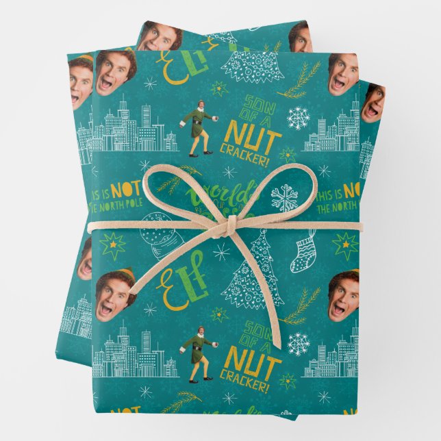 Buddy the Elf Teal Quote Pattern Wrapping Paper Sheets (In situ)