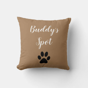 Buddy's Spot Dog Paw Print Typographic Brown Throw Pillow