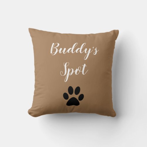 Buddys Spot Dog Paw Print Typographic Brown Throw Pillow