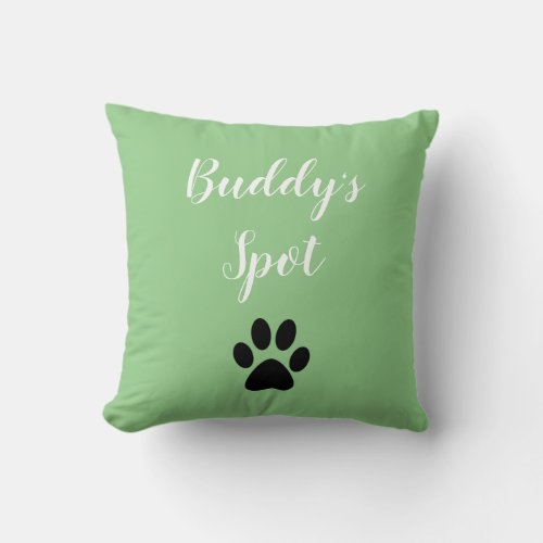 Buddys Spot Dog Paw Print Typographic Green Throw Pillow