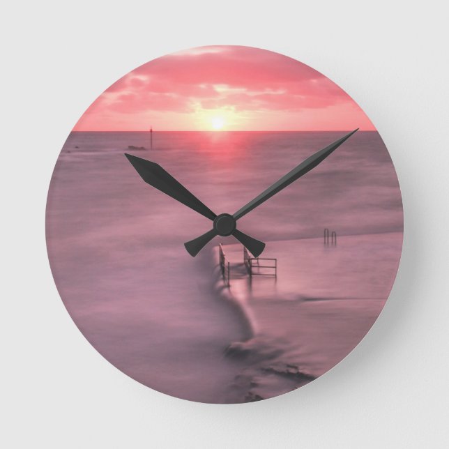 Bude Tidal Pool Overflow at Sunset, Cornwall, UK Round Clock (Front)