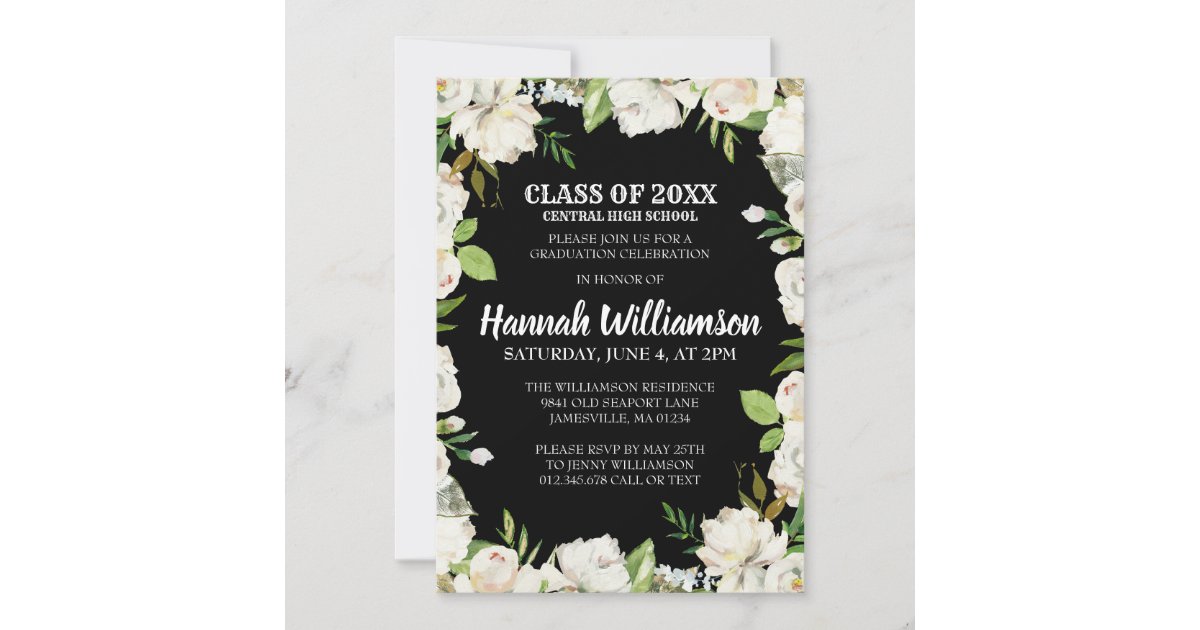 Budge Black White Floral Class of 2021 Graduation Invitation | Zazzle