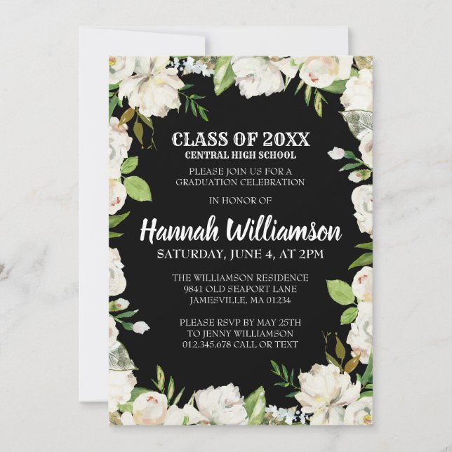 Budge Black White Floral Class of 2021 Graduation Invitation (Front)