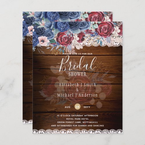 Budge Burgundy Blue Floral Bridal Shower Invite