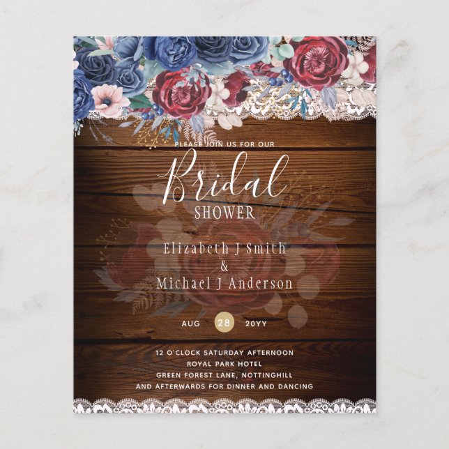 Budge Burgundy Blue Floral Bridal Shower Invite Flyer (Front)