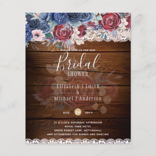 Budge Burgundy Blue Floral Bridal Shower Invite Flyer