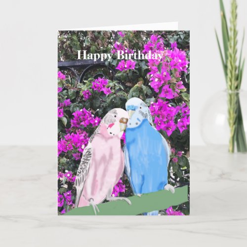 Budgerigar and Bourgainville Birthday Holiday Card