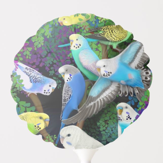 Budgerigar Budgie Parakeets in Ferns Party Balloon (Front)