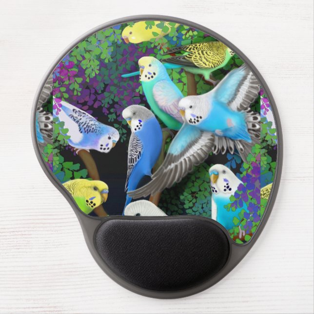Budgerigar Parrots in Ferns Gel Mousepad (Front)
