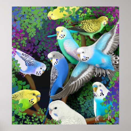 Budgerigars in Ferns Poster