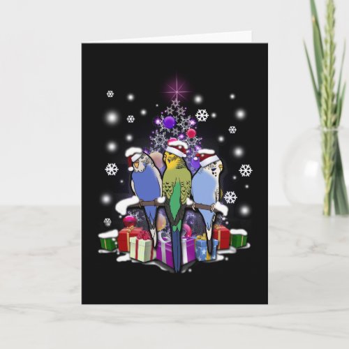 Budgerigars with Christmas Gift and Snowflakes Holiday Card