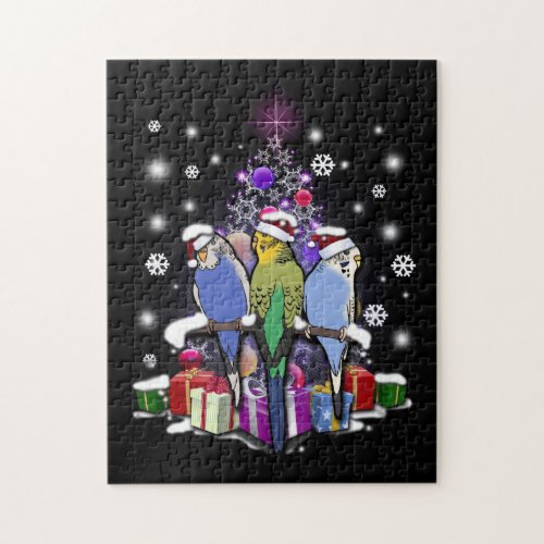 Budgerigars with Christmas Gift and Snowflakes Jigsaw Puzzle