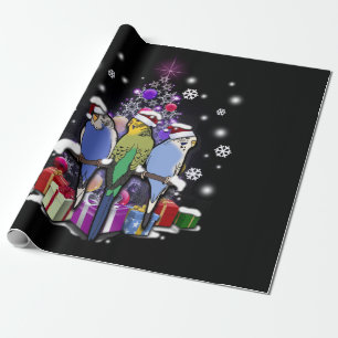 Budgerigars with Christmas Gift and Snowflakes Wrapping Paper